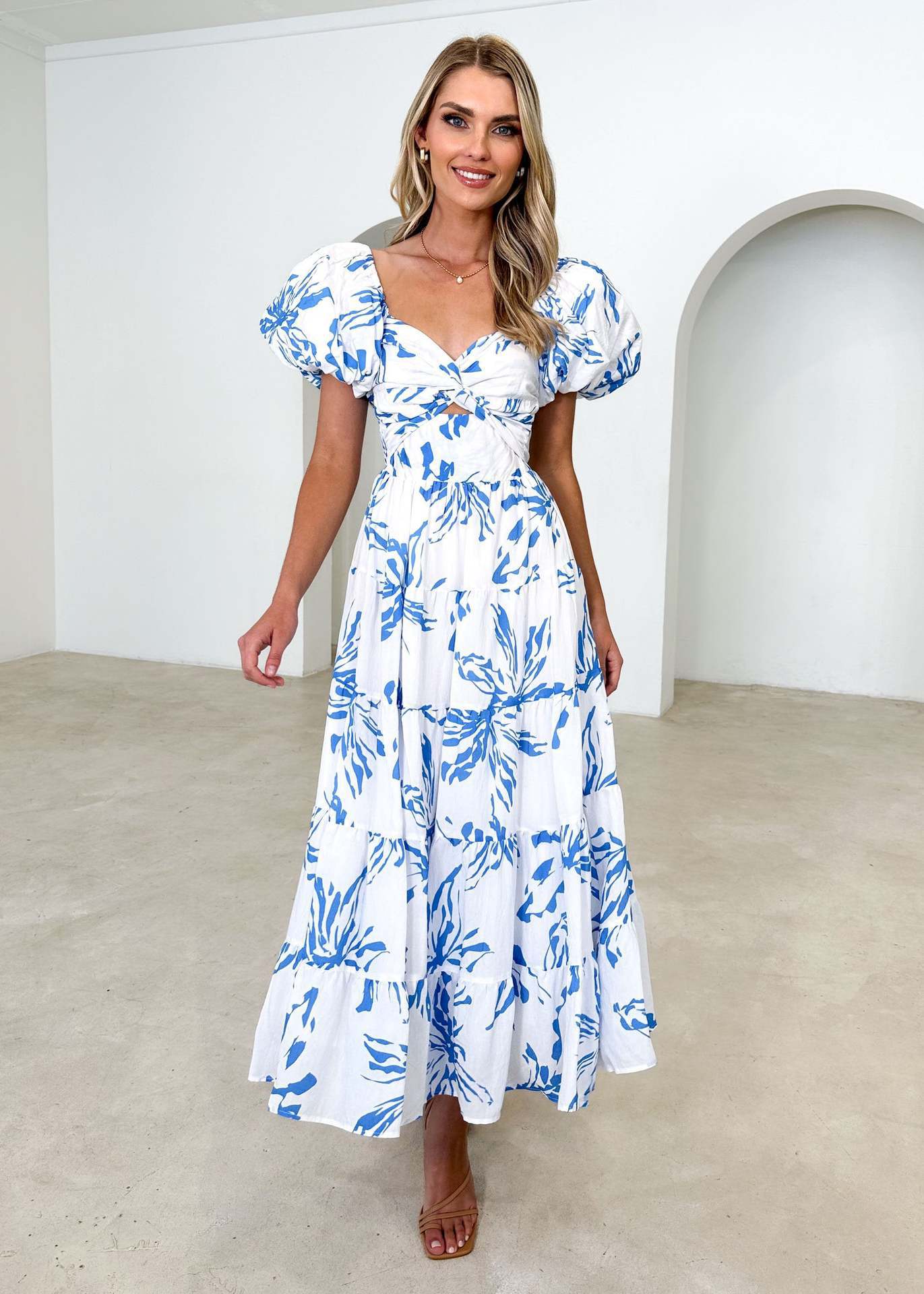 Elegant Floral Print Puff Sleeve Dress