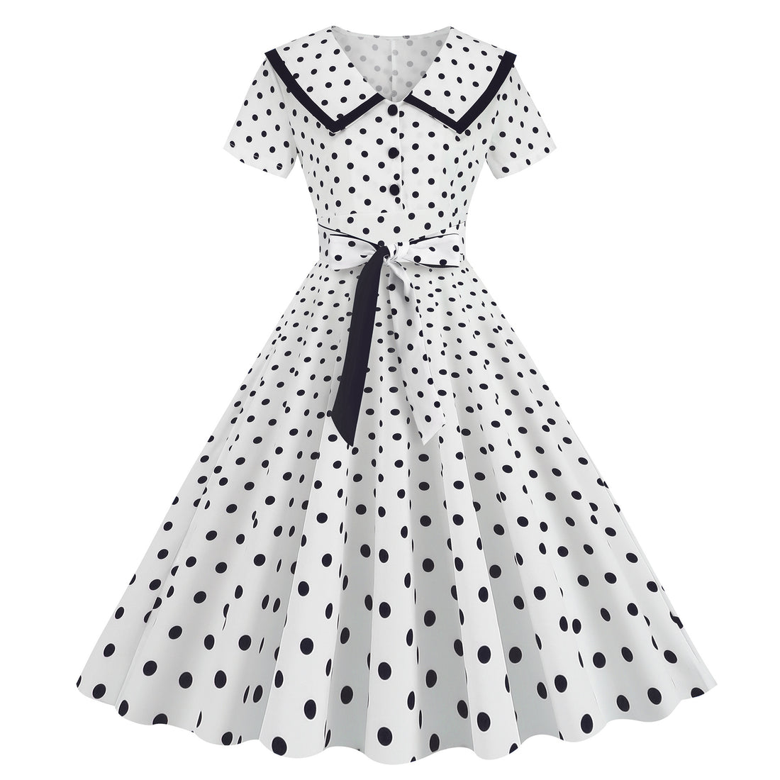Vintage-Inspired Polka Dot Print Wrap Waist Flared Dress with Belt