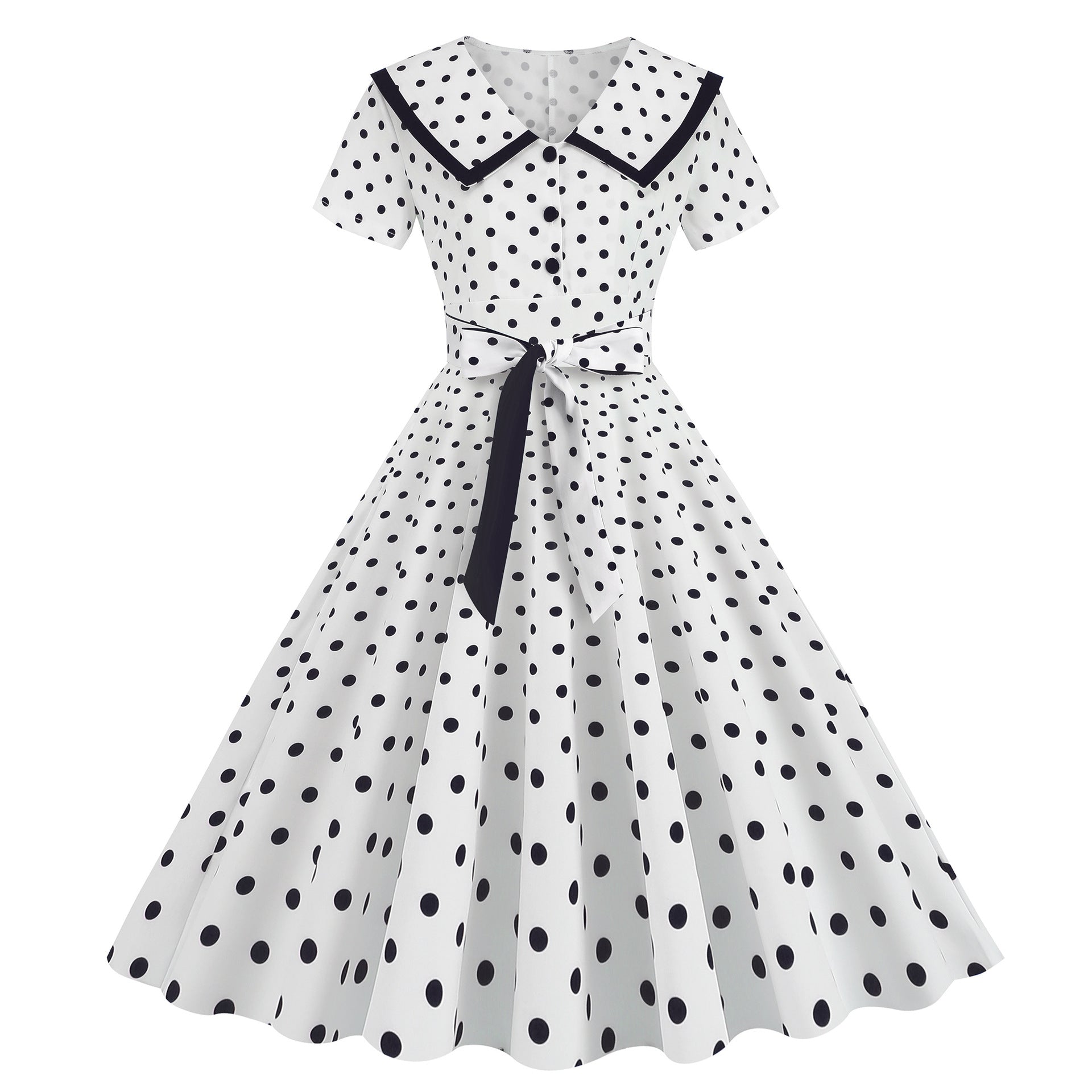 Vintage-Inspired Polka Dot Print Wrap Waist Flared Dress with Belt
