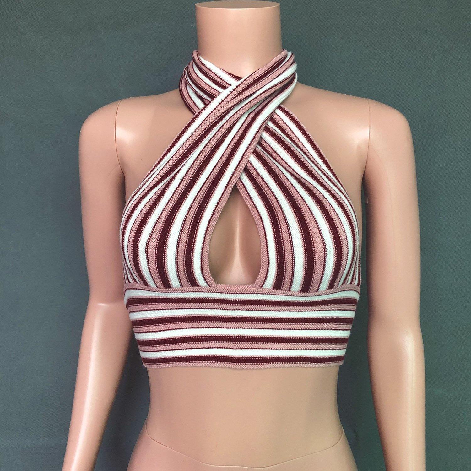 Striped Deep V-Neck Backless Women Tops-STYLEGOING