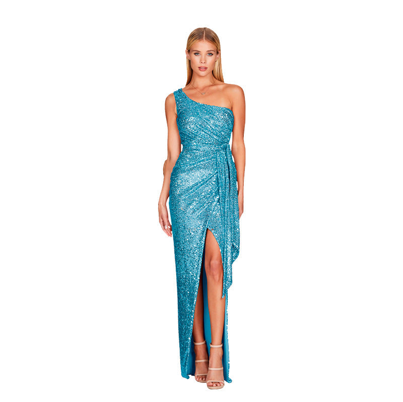 Sexy Sequined One Shoulder Party Dresses-Dresses-Sky Blue-S-Free Shipping at meselling99