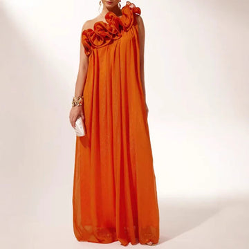 Women's Solid Color Off-Shoulder Draped Dress with 3D Floral Detail