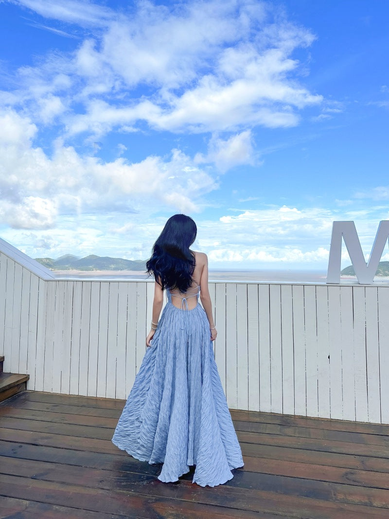 Summer Waves Blue Backless Maxi Dress