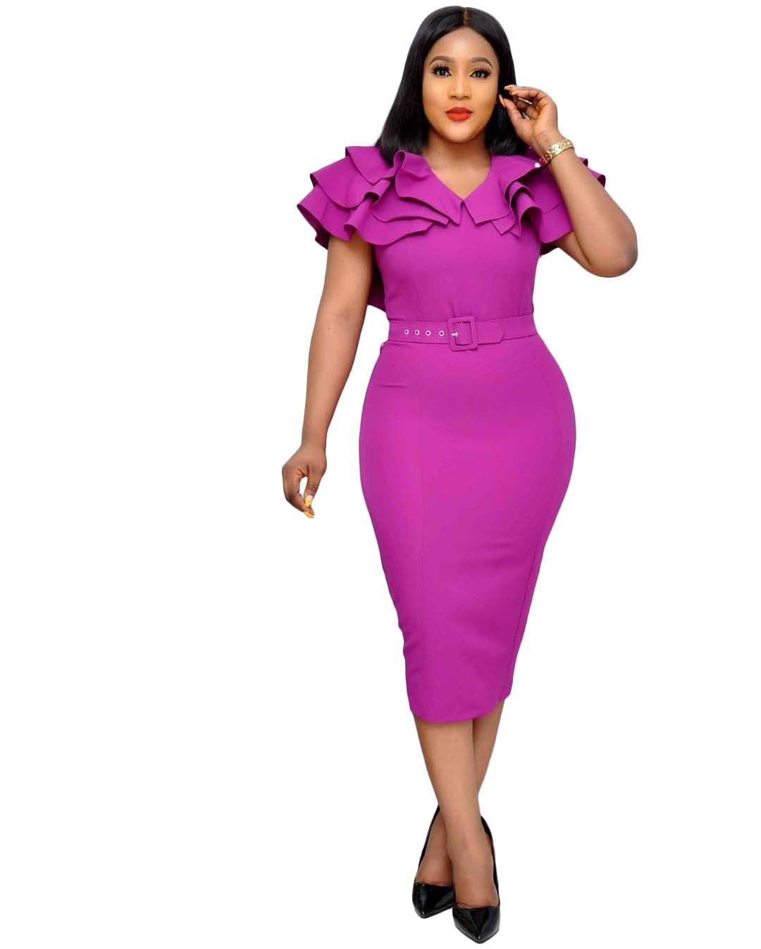 Elegant Women Ruffled Office Lady Dresses-Dresses-Rose Red-S-Free Shipping at meselling99