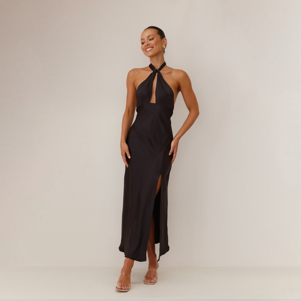 Women's Satin Halter Neck Slit Maxi Dress with Cinched Waist