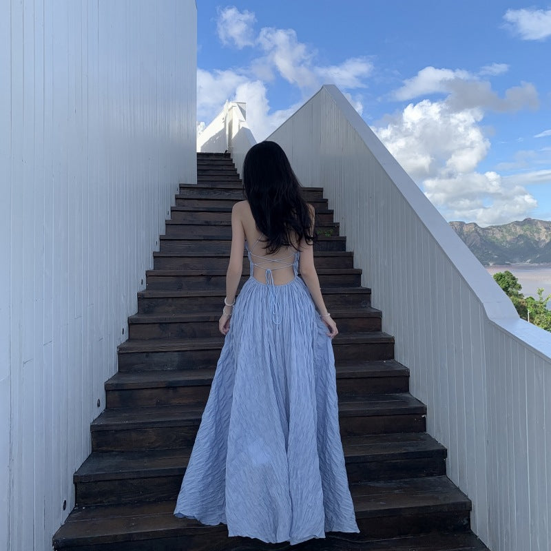 Summer Waves Blue Backless Maxi Dress