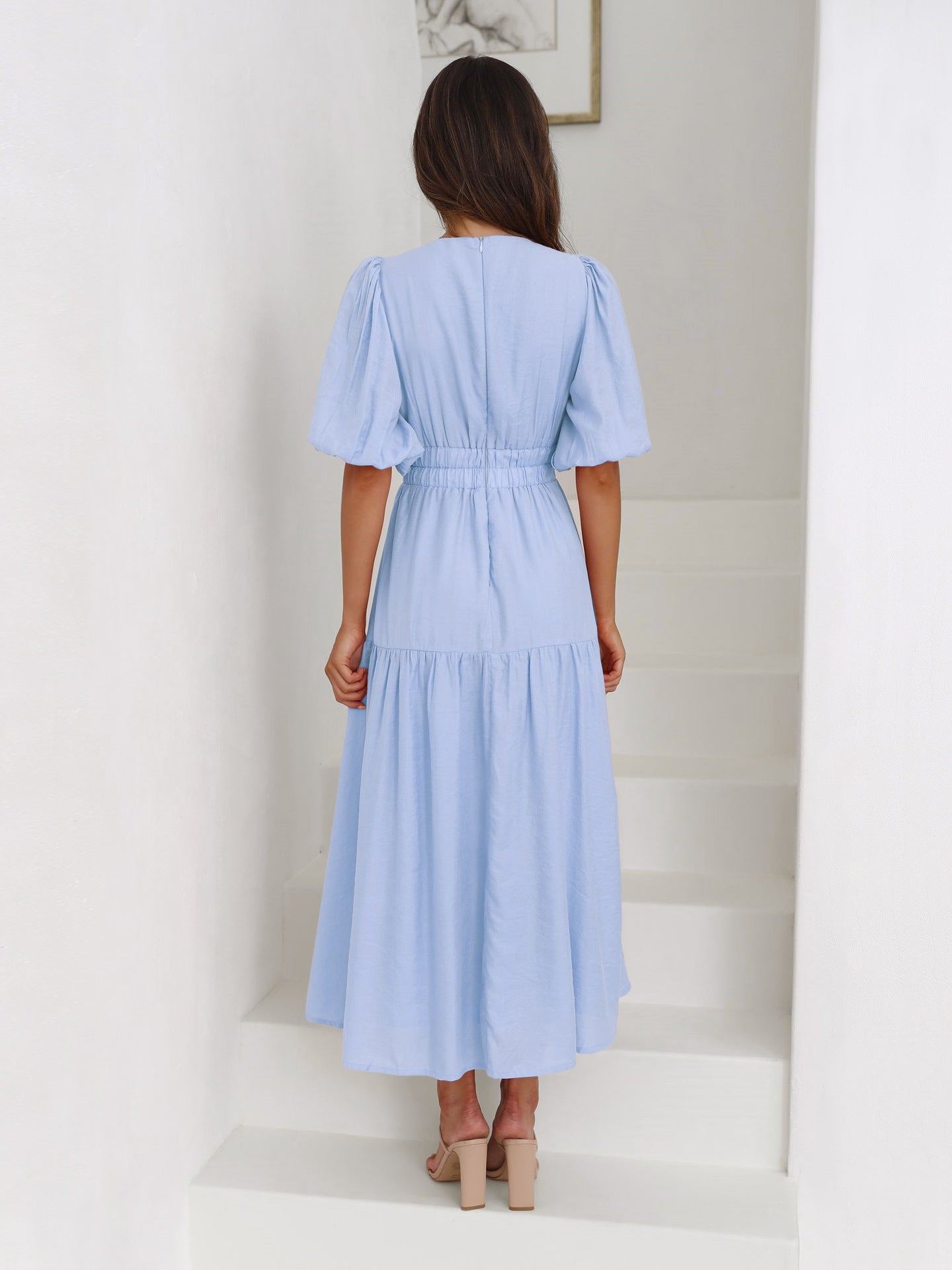 Chic Deep V Puff Sleeve Vacation Dress