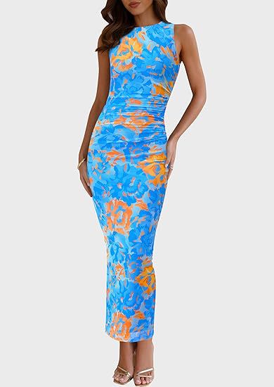 Round Neck Pleated Floral Bodycon Sleeveless Mesh Dress