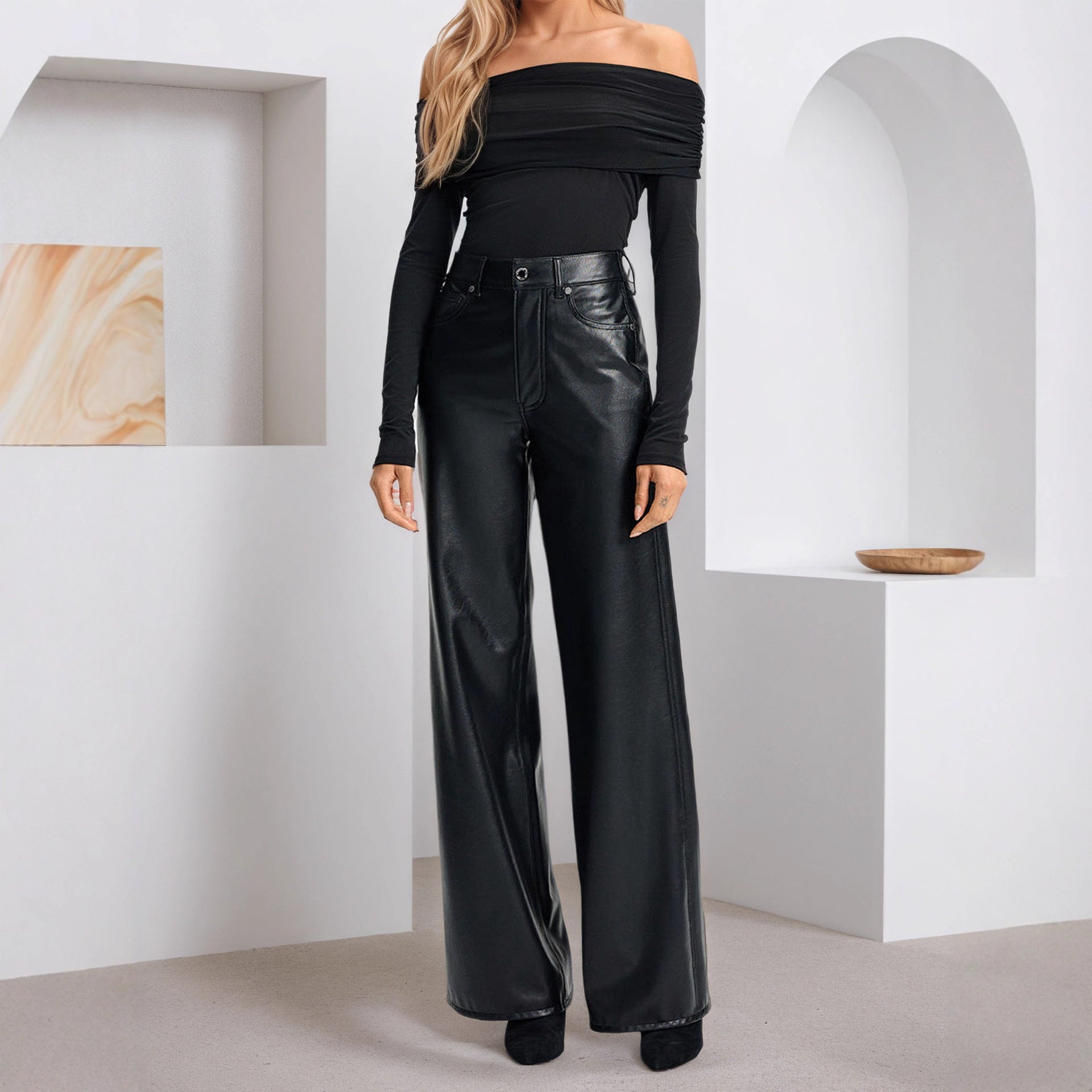 High-Waisted Wide-Leg Leather Pants for Women