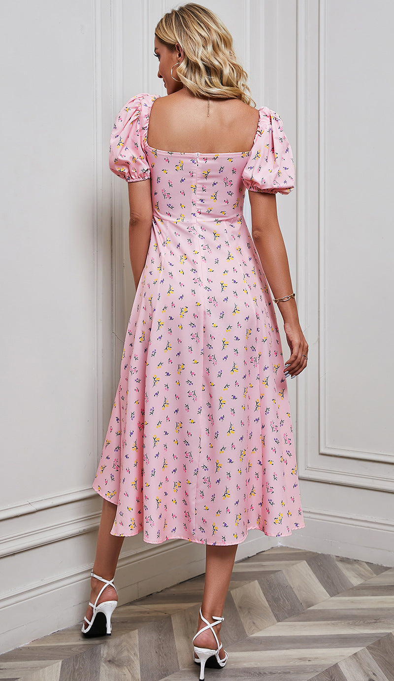 Women's Fashion Floral Print Bubble Sleeve Tie-Front Bustier Slit Dress