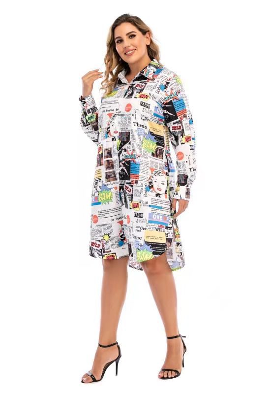 Women Newspaper Print Plus Sizes Short Shirt Dresses-Dresses-Free Shipping at meselling99