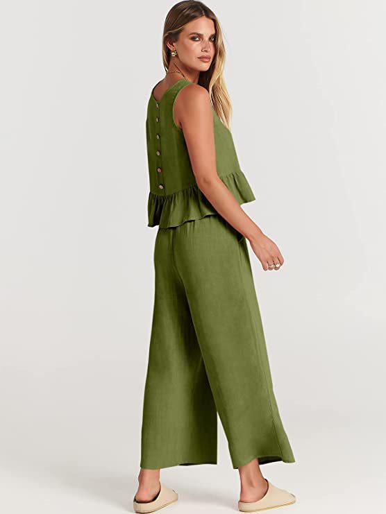 Women's Summer Sleeveless Pleated Vest & Wide-Leg Cropped Pants Casual Set