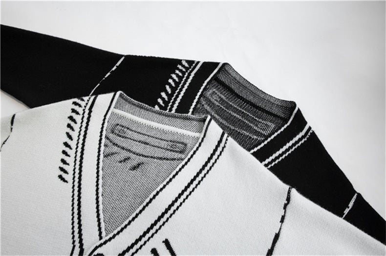 Oversized Black and White Graphic Doodle Knit Cardigan