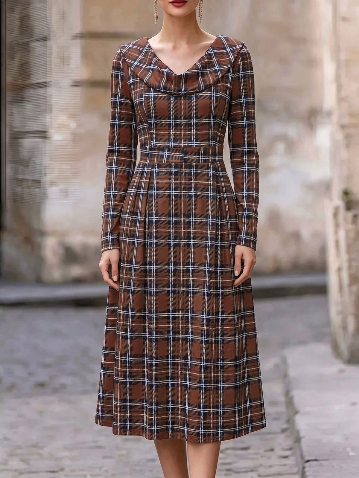Autumn Winter Plaid Print Long Dress for Women