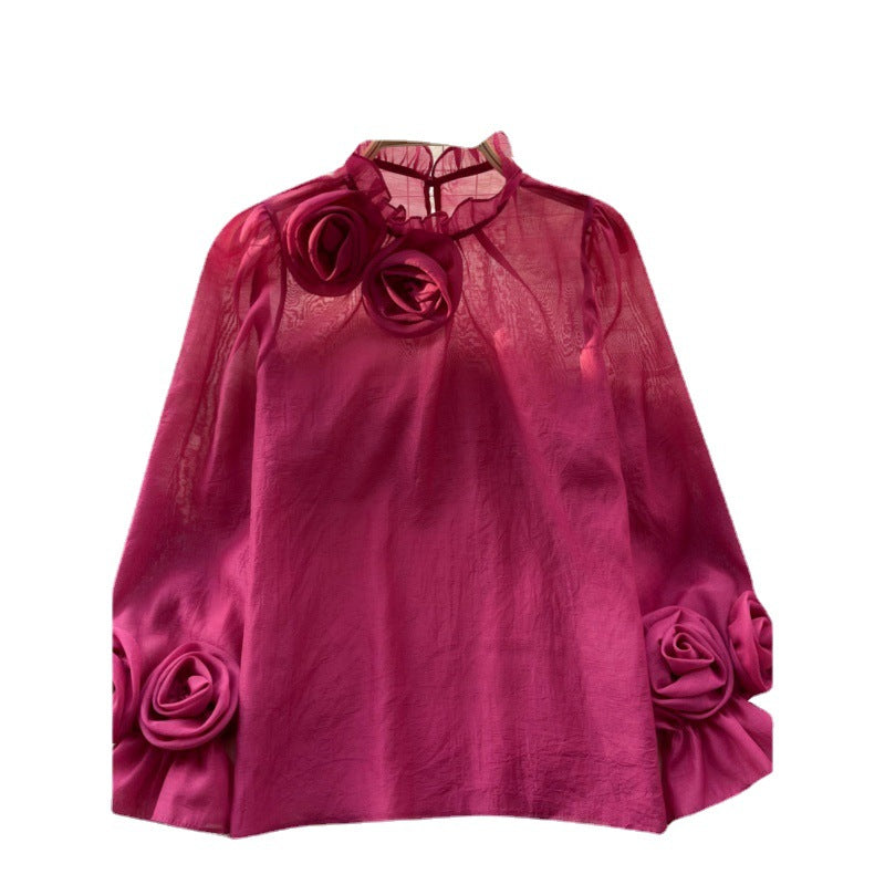 Designed 3D Flowers Chiffon Long Sleeves Shirts