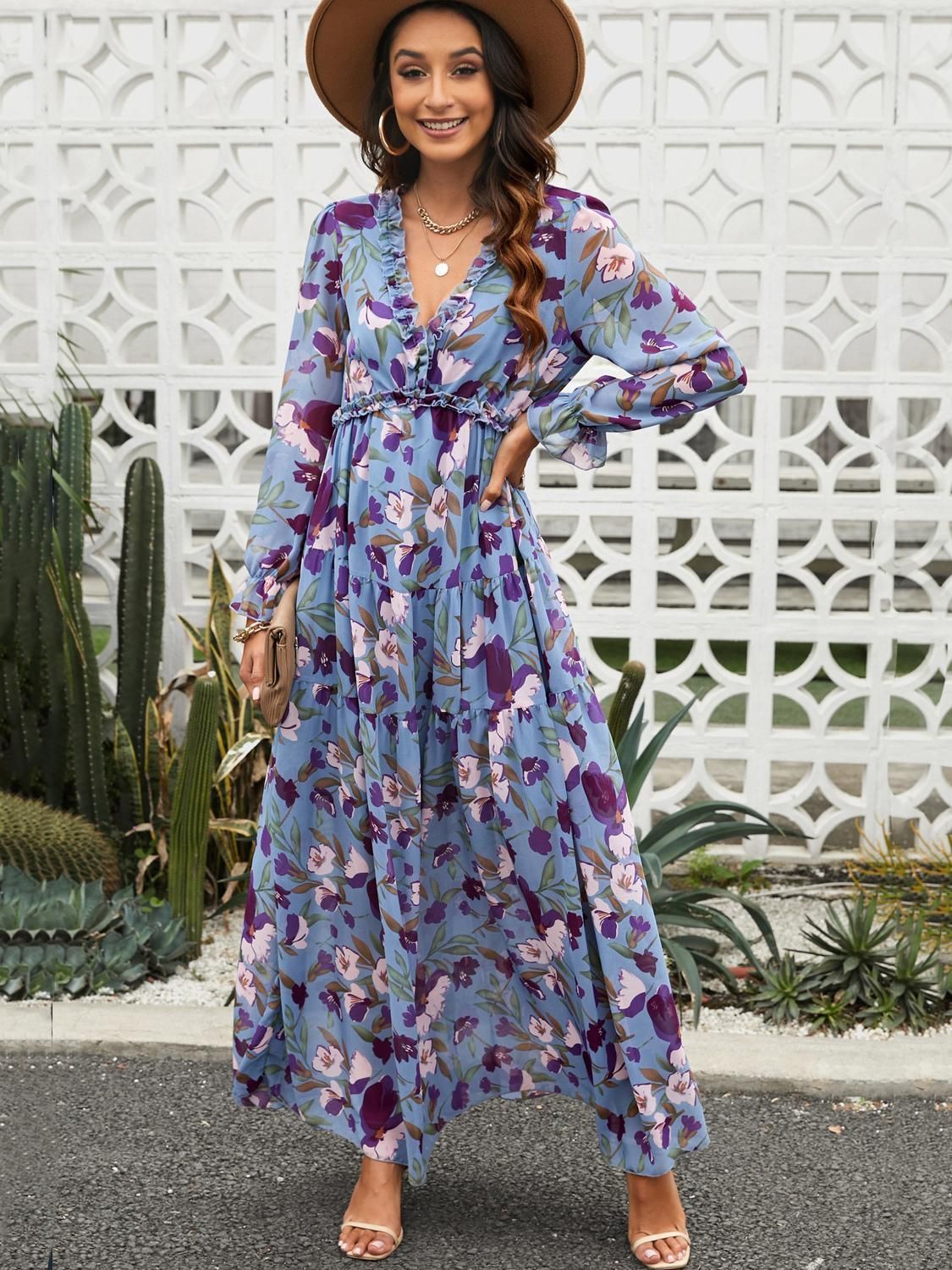 Elegant Long Sleeve Printed Maxi Evening Dress