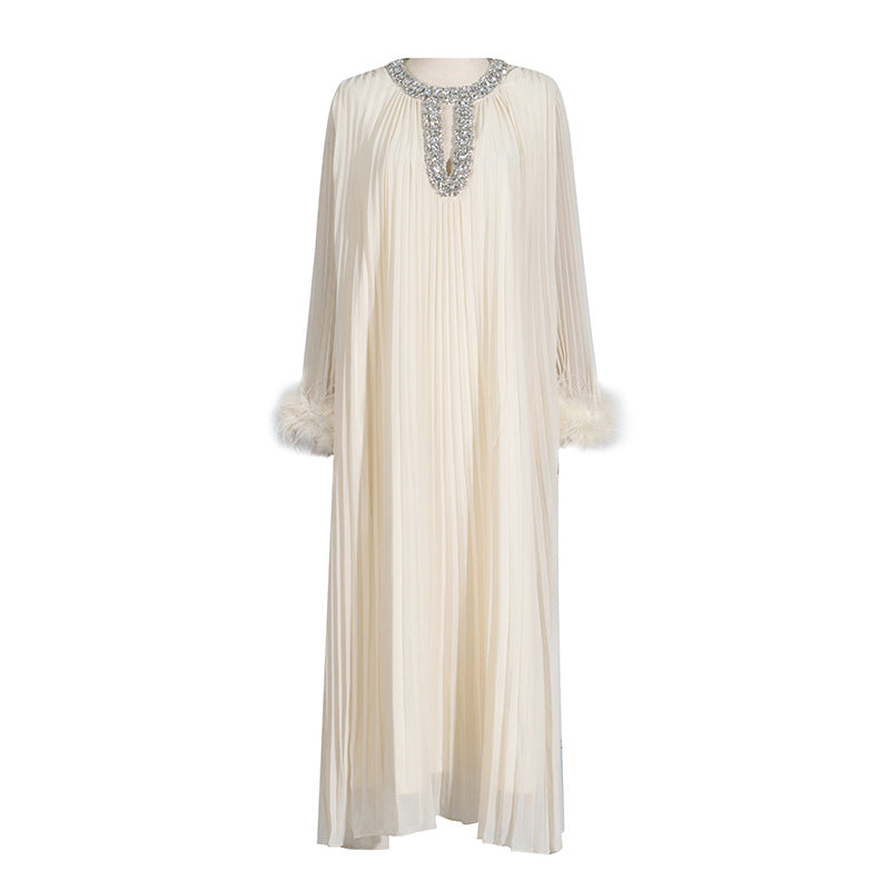 Elegant Round Neck Rhinestone Ostrich Feather Long Sleeve Ruffle Dress