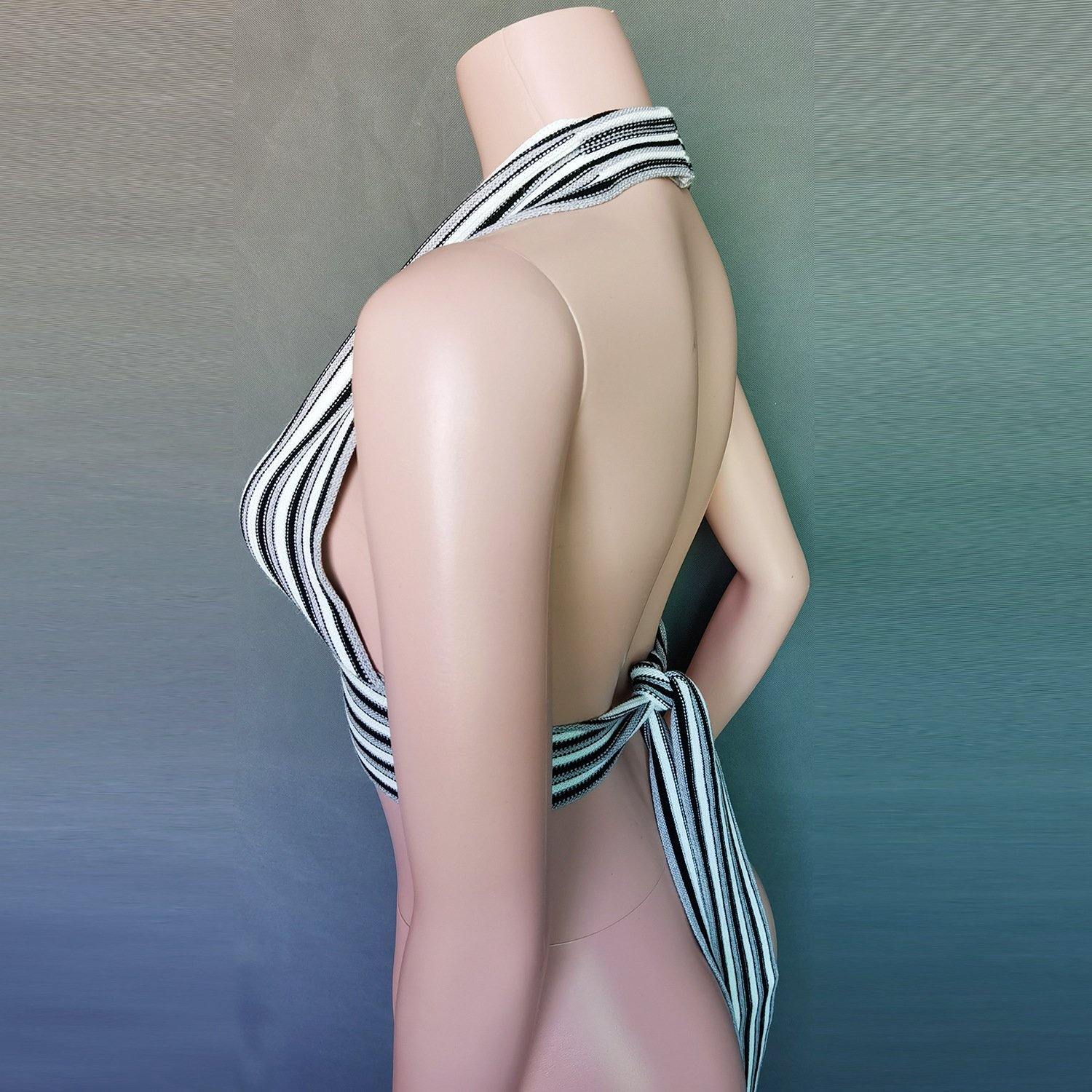 Striped Deep V-Neck Backless Women Tops-STYLEGOING