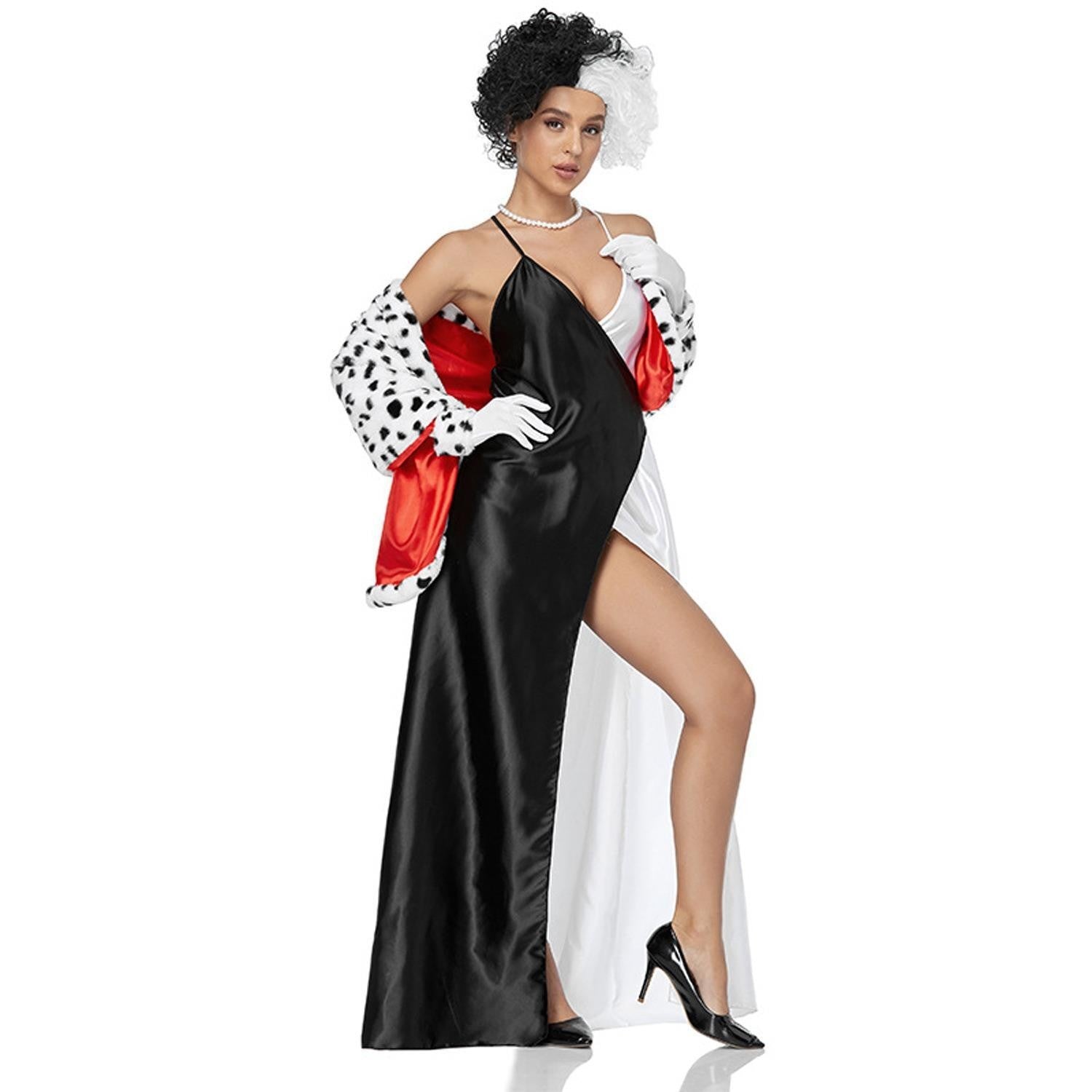 Disney Cruella de Vil Costume - Black and White Cape with Wig for Halloween and Cosplay