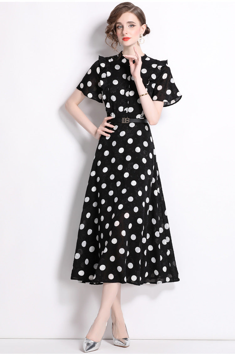 Elegant Polk Dot Short Sleeves Midi Length Dresses