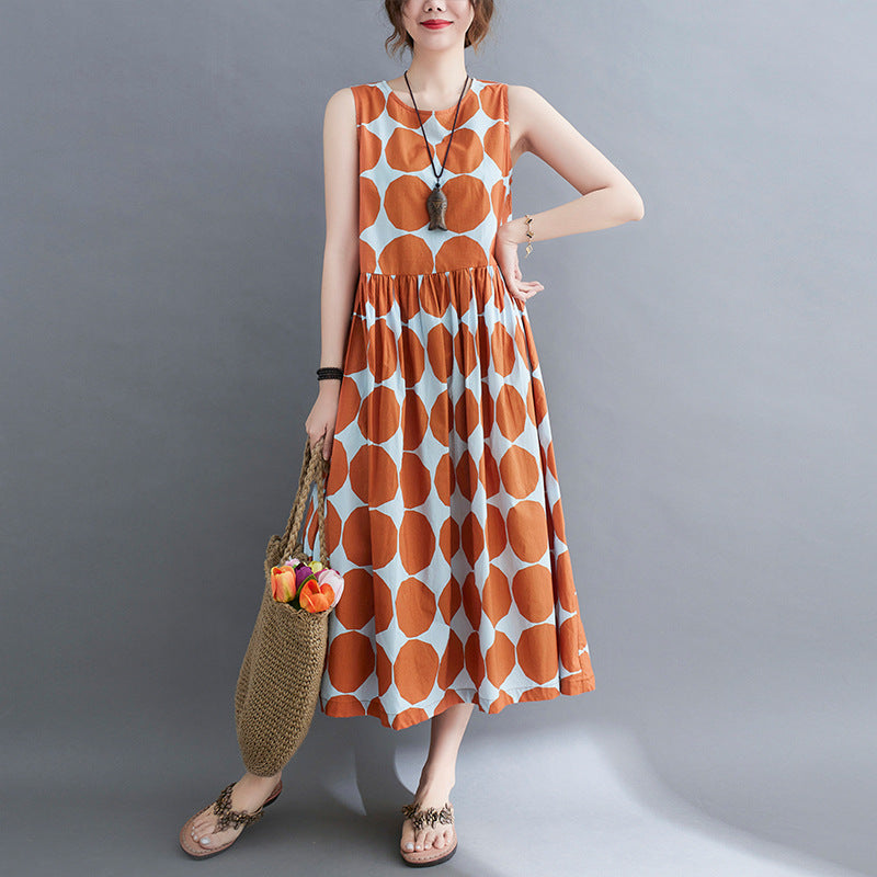 Summer Women Dot Print Midi Dresses-Dresses-Orange-XL-Free Shipping at meselling99