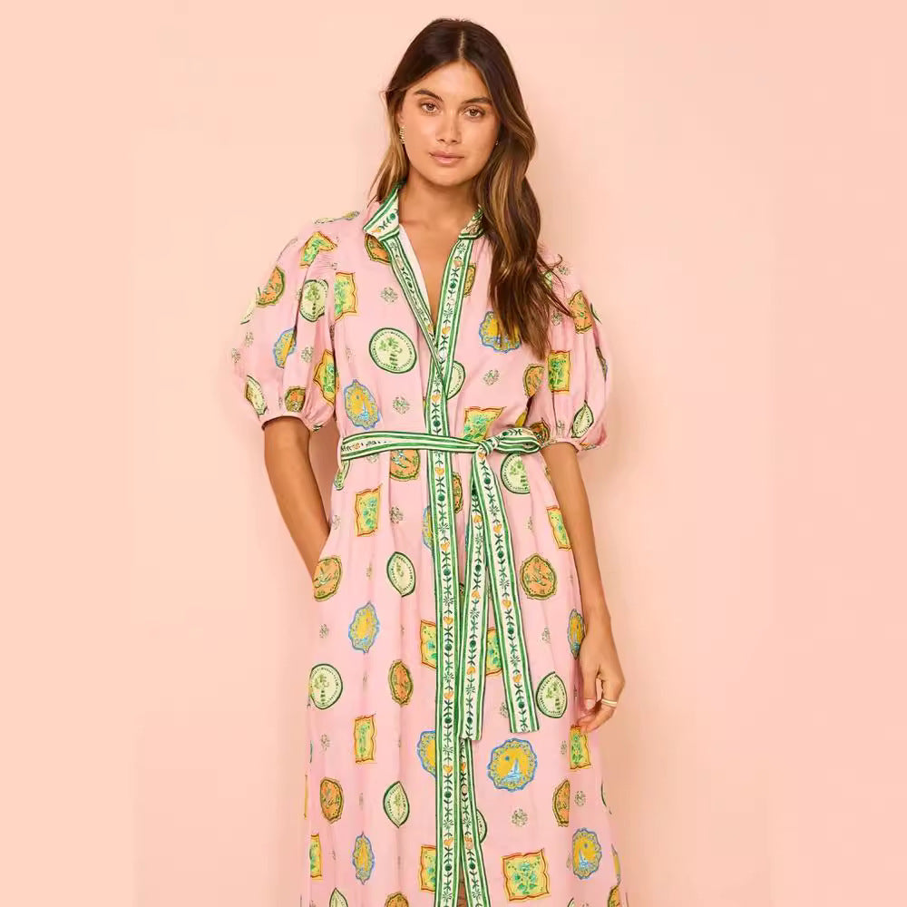 Stylish Linen Dress with Graffiti Print and Lantern Sleeves