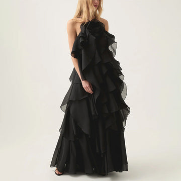 Elegant High-Society Style Dress – Off-Shoulder Backless Maxi Dress with Layered Hem