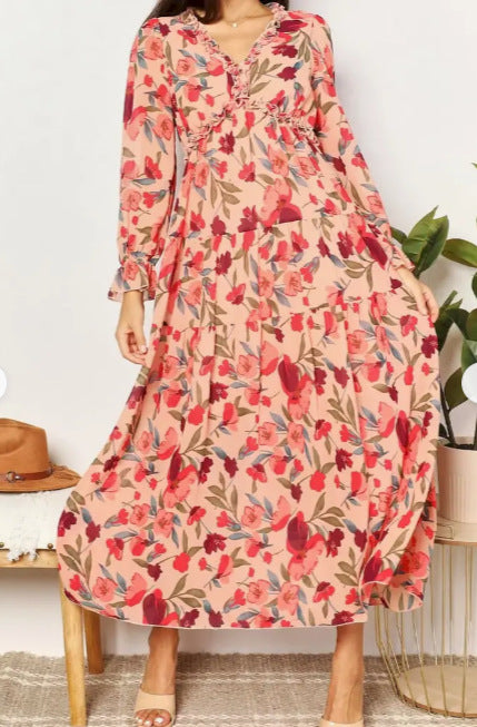 Elegant Long Sleeve Printed Maxi Evening Dress