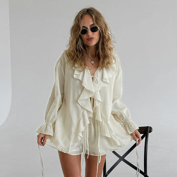 Women's V-Neck Flowy Blouse & Shorts Set