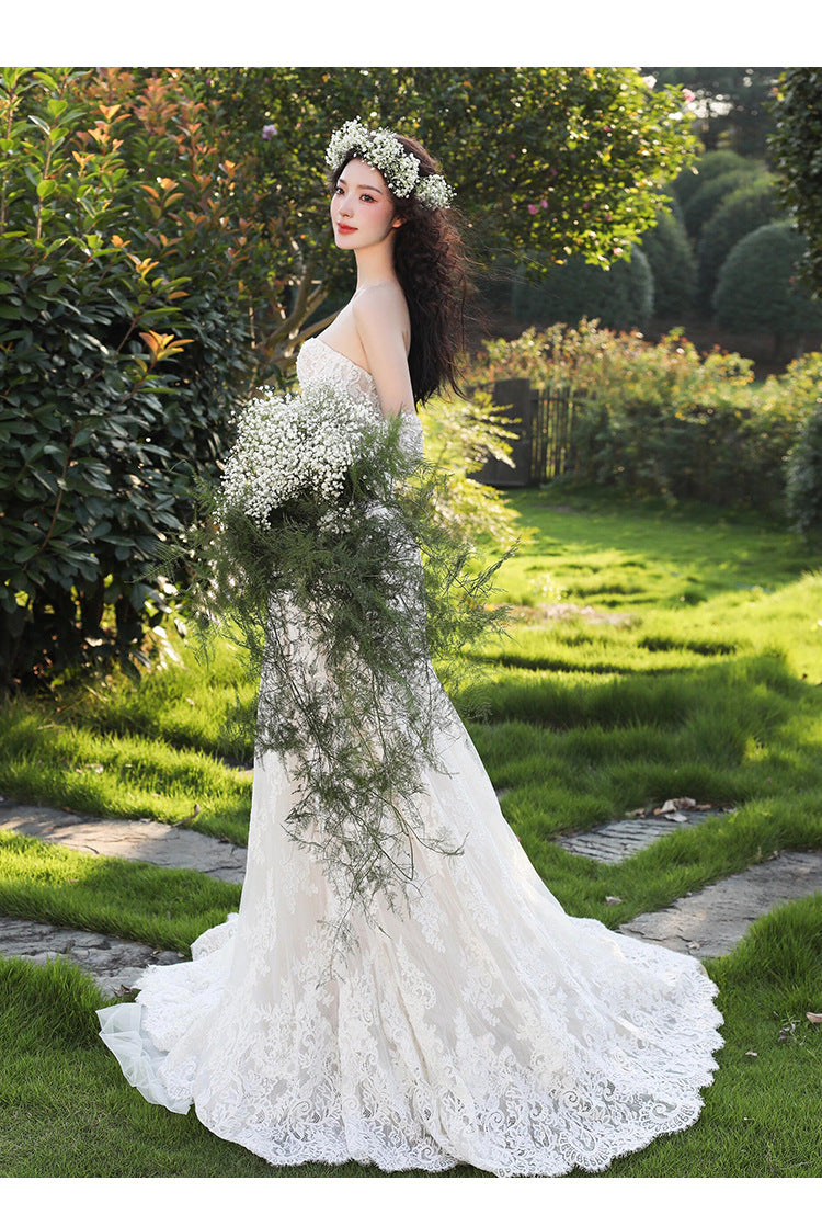 Vintage Forest Style Strapless Lace Wedding Dresses