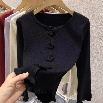 Floral Embroidery Button-Up Knit Cardigan