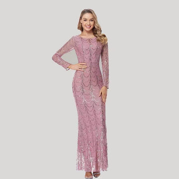 Elegant Mermaid Evening Gown – Sequined Long Sleeve Round Neck Party Dress