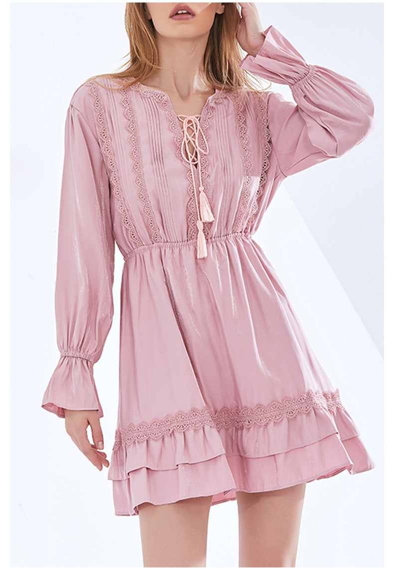 Retro V-Neck Tie-Waist Flare Sleeve Short Dress