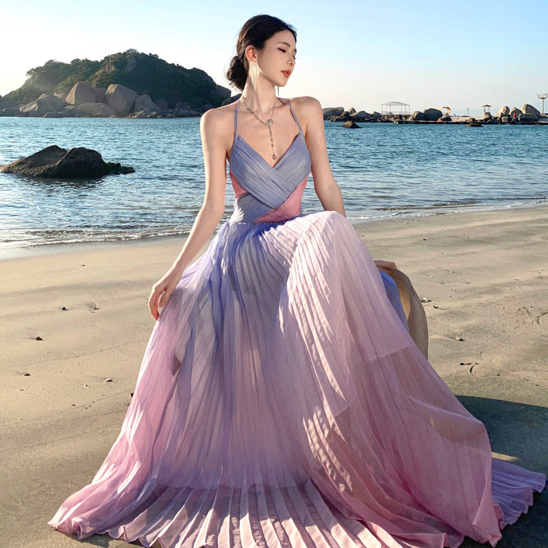 Bohemian Gradient Pink Purple Ruffle Backless Maxi Dress