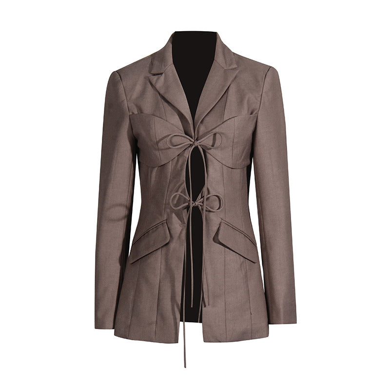 Women's Designer V-Neck Lace-Up Belted Asymmetrical Blazer Jacket