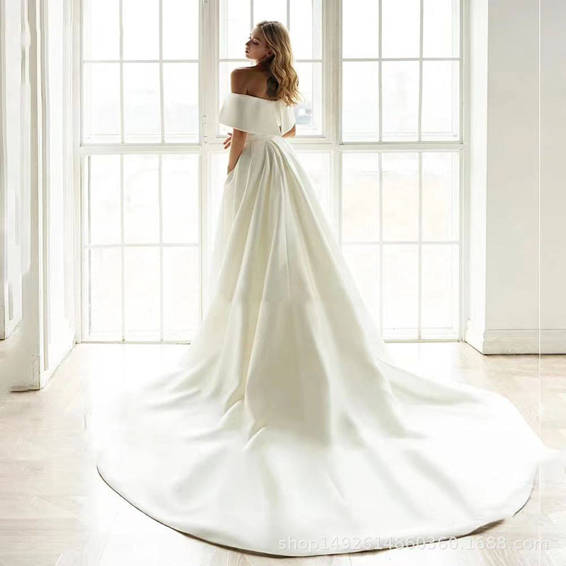 Simple Off The Shoulder Stain Long Trail Wedding Dresses