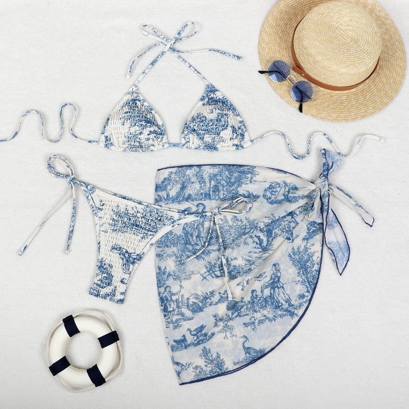 Print Bikini Three-Piece Set – Sheer Skirt Separates, Sexy Vacation Swimwear