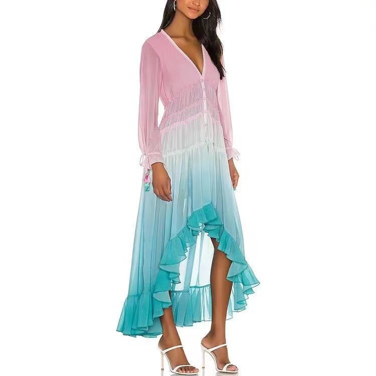 Women's V-Neck Long Sleeve Gradient Print Maxi Dress