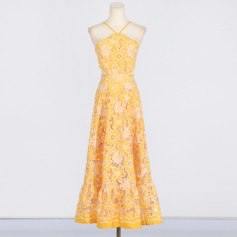 Designed Women's Sexy Vacation Print Dress - Halter Neck, Cutout Waist, Strappy Sundress