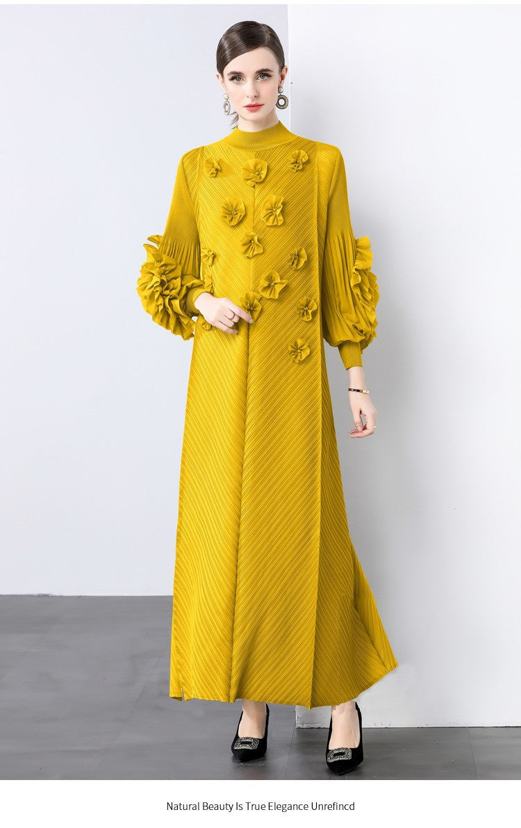 Stylish Slim-Fit Solid Color High Neck Dress with 3D Flowers