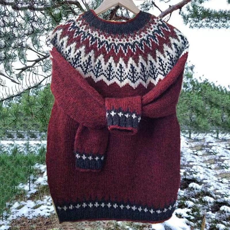 Women's Loose Knit Sweater - Color Block Round Neck Pullover