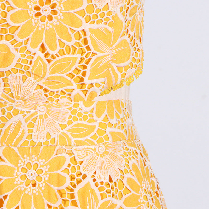 Designed Women's Sexy Vacation Print Dress - Halter Neck, Cutout Waist, Strappy Sundress