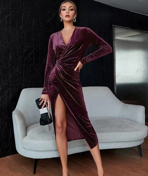 Sexy V Neck Midi Length Night Party Dresses-Dresses-Dark Red-S-Free Shipping at meselling99