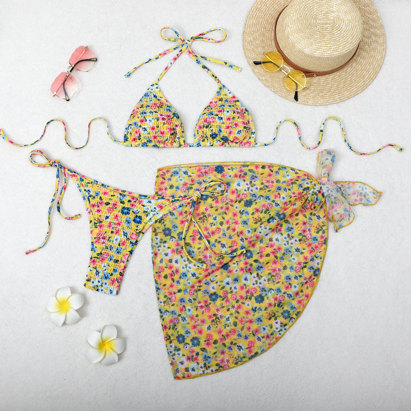 Print Bikini Three-Piece Set – Sheer Skirt Separates, Sexy Vacation Swimwear