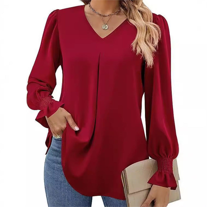 Women's Solid Color Chiffon V-Neck Bell Sleeve Blouse