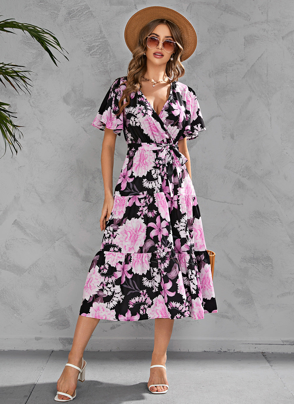Women's Summer Floral V-Neck Waist-Tie Midi Short Sleeve Dress