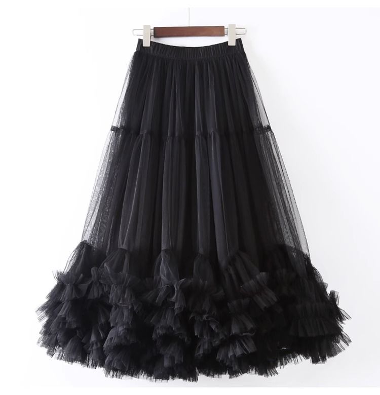 Layered Tulle Skirt with Floral Lace Trim-black-One Size-Free Shipping Leatheretro