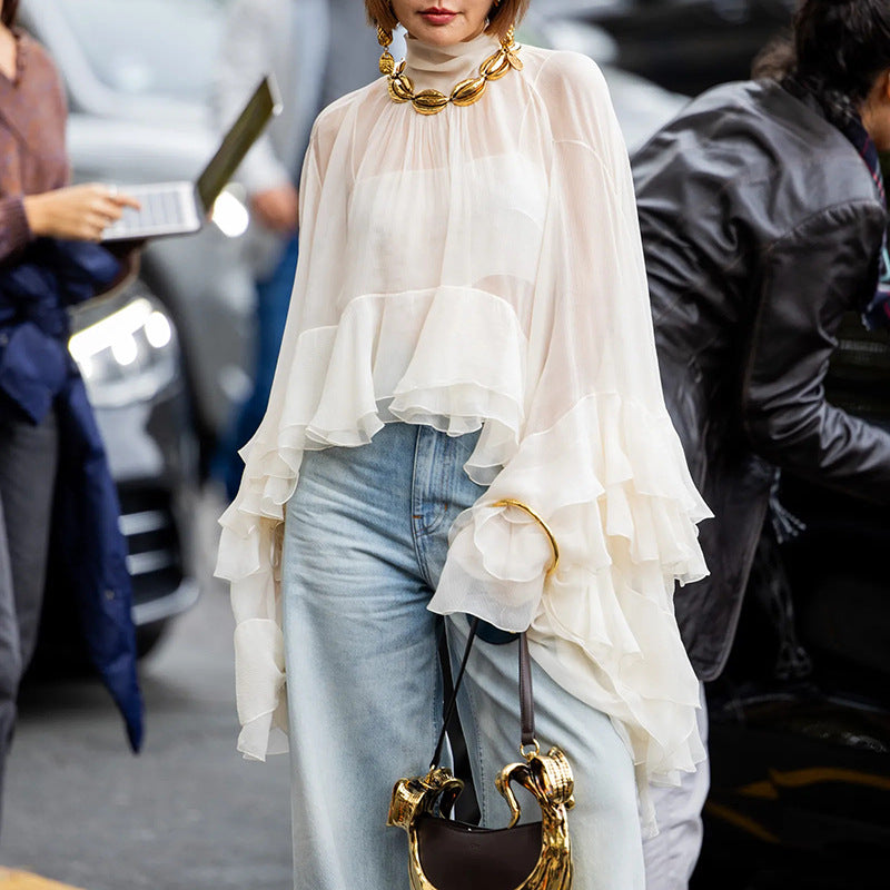 Women's Elegant Mesh Ruffle Long Sleeve Blouse