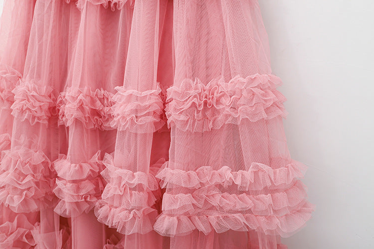 Layered Tulle Skirt - High Waist Ruffled Lace Trim Semi-Formal Skirt