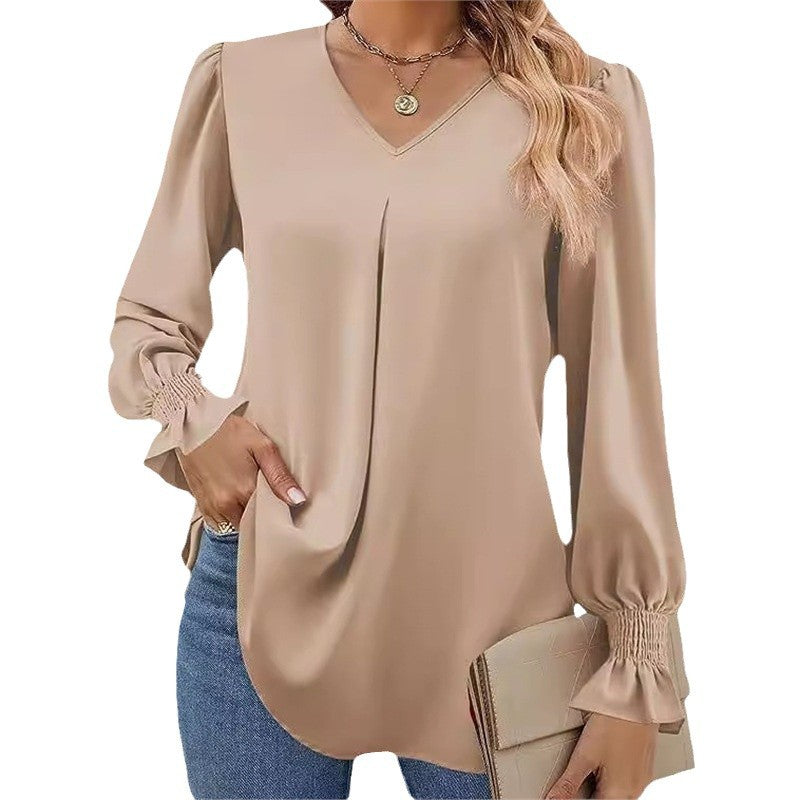 Women's Solid Color Chiffon V-Neck Bell Sleeve Blouse